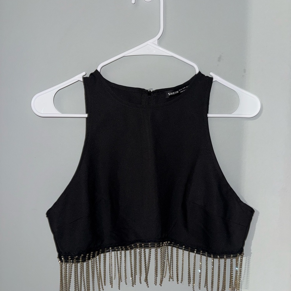 Black Sleeveless Top with Fringe Detail